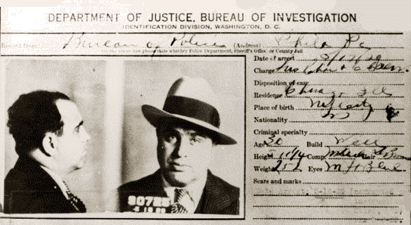 Capone identification card with Bureau of Investigation
