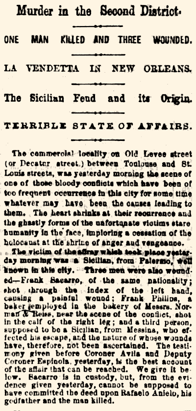 Murder of Raffaele Agnello. New Orleans Crescent, April 2, 1869.
